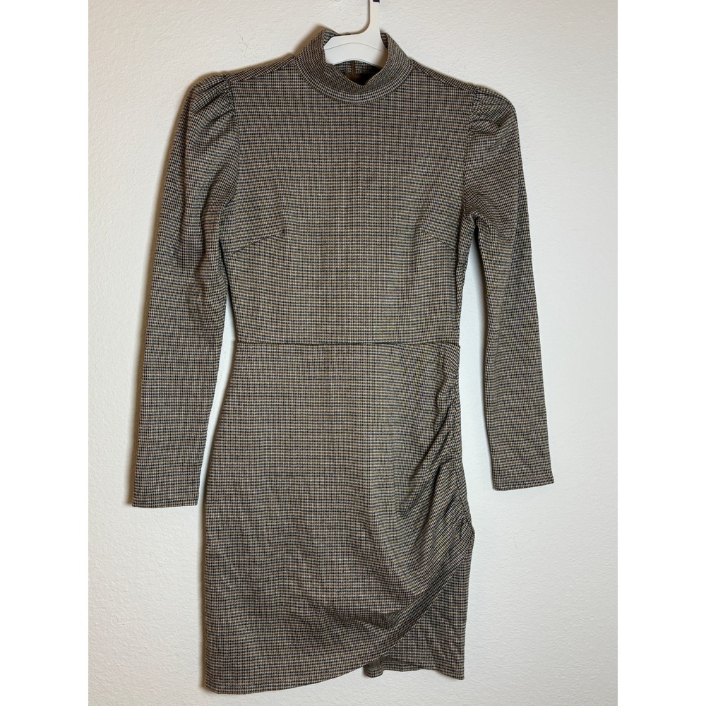 Forever 21 Houndstooth Mock Neck Ruched Mini Dress Brown Small